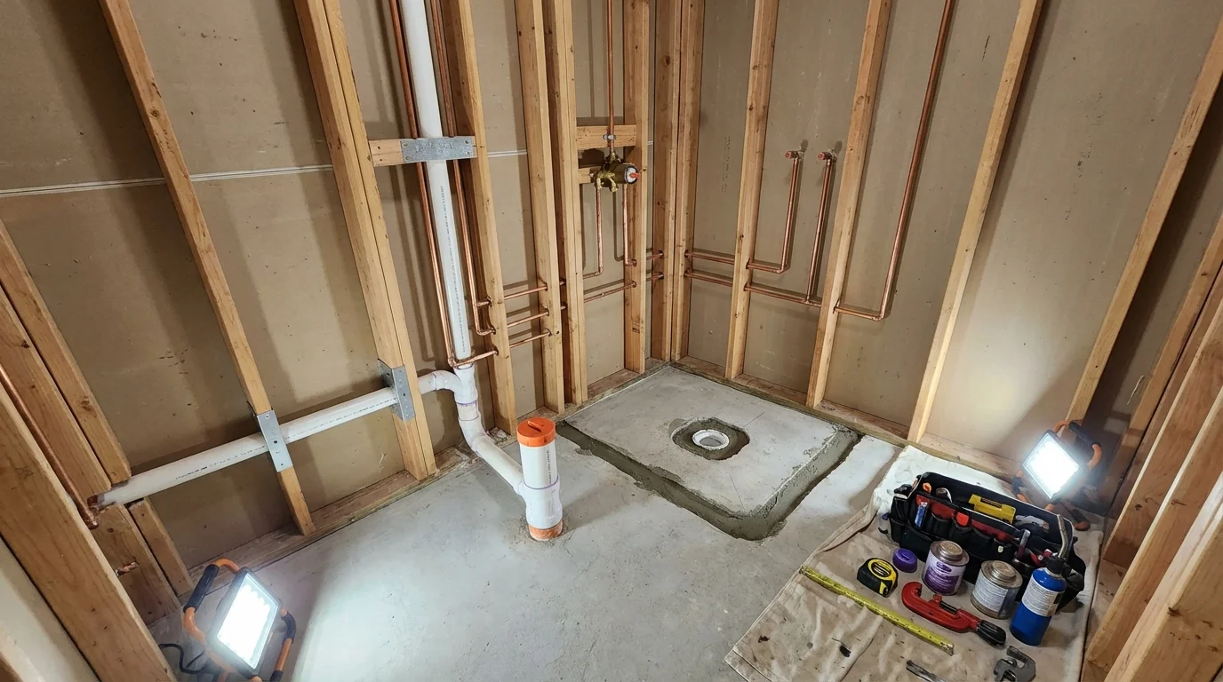 Bathroom rough-in plumbing during remodel by Johns Plumbing LLC in North Judson