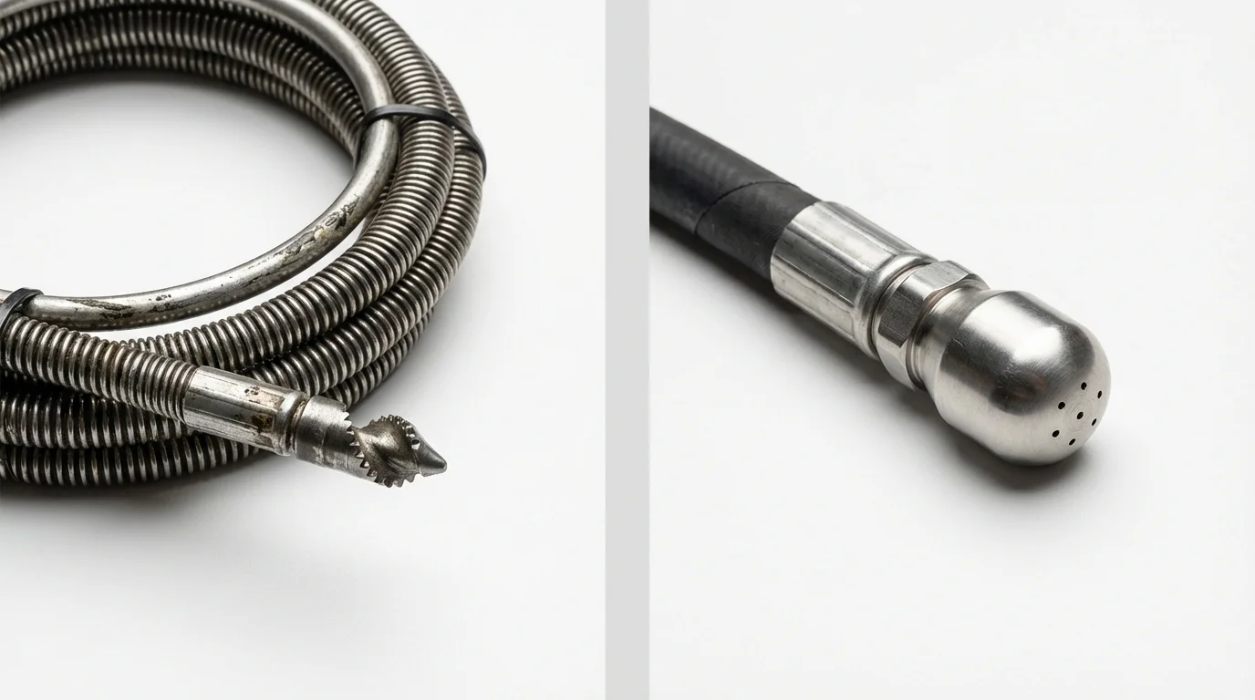 Drain snake cable and hydro jetting nozzle used for drain cleaning in North Judson, IN