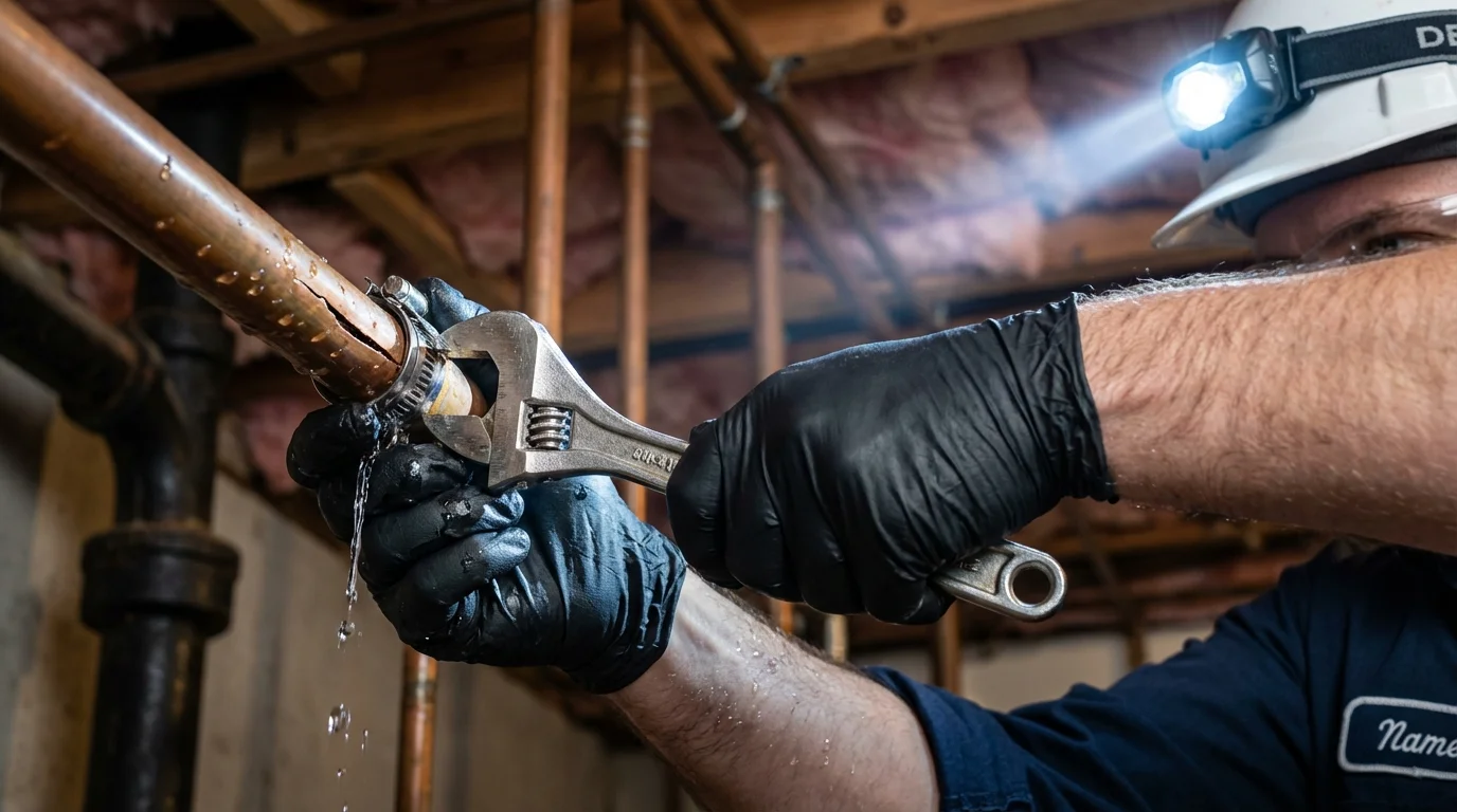 Emergency pipe clamp repair being performed by a Johns Plumbing LLC plumber in North Judson