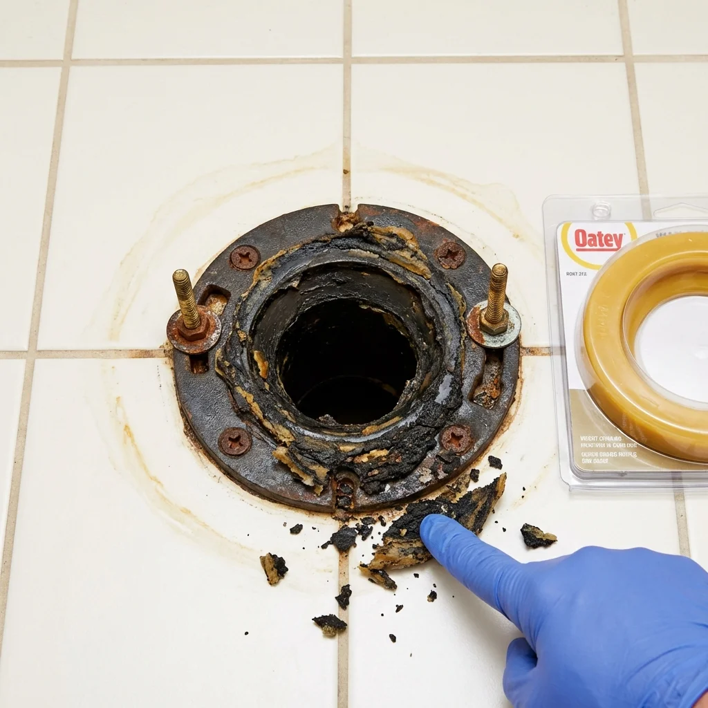 Failed wax ring showing water seepage at the base of a toilet in a North Judson, IN home