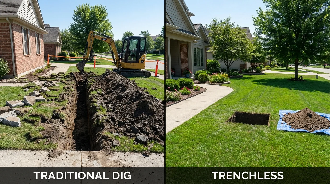 Trenchless sewer repair with minimal yard damage versus traditional excavation in North Judson, IN