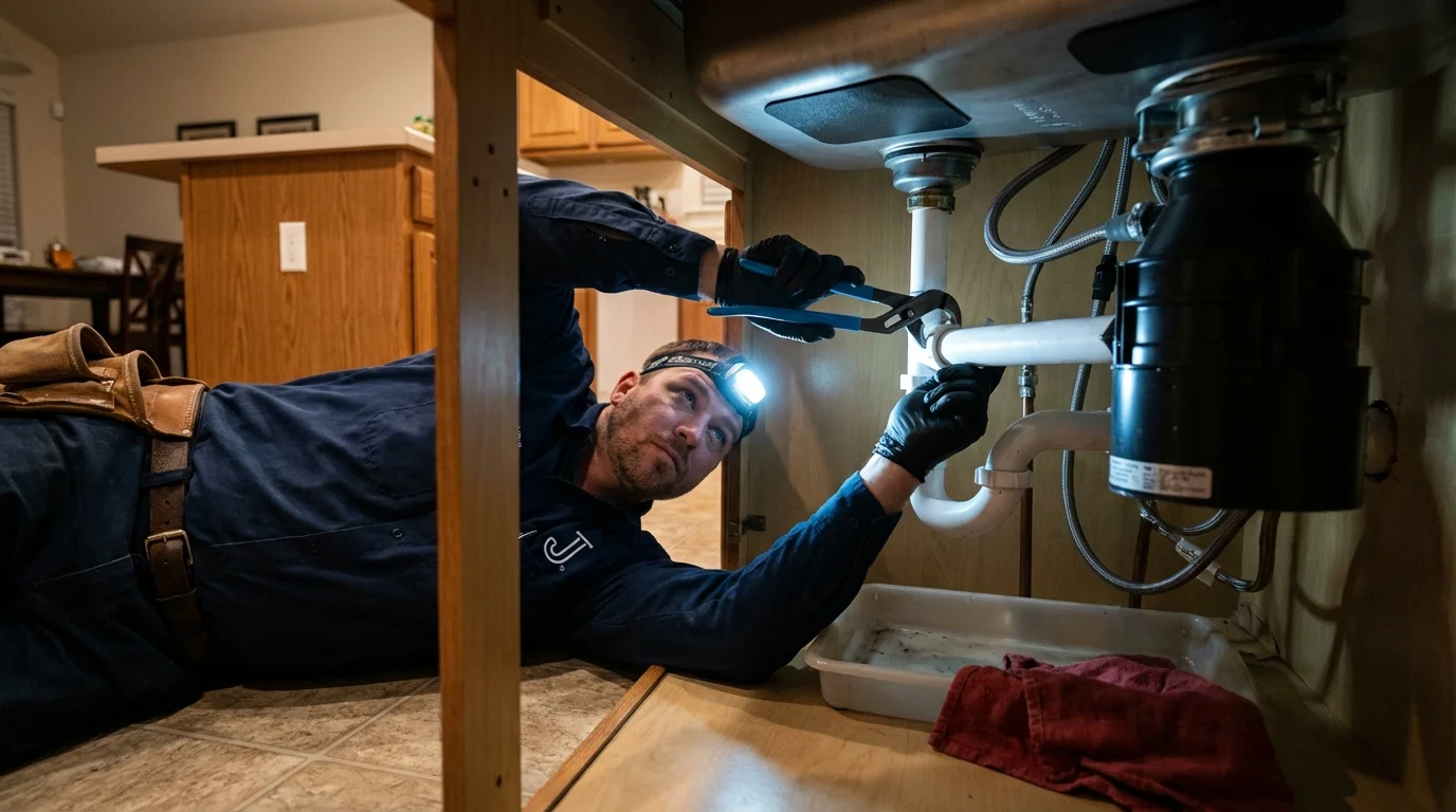 P-trap and supply line connections under a kitchen sink showing a common leak point in North Judson, IN